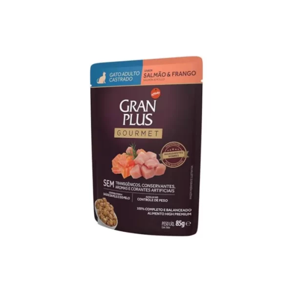 Ração Úmida GranPlus Gourmet Gatos Castrados salmão e Frango 85 g